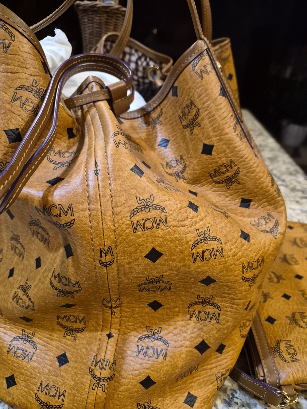 MCM Cognac Visetos Logo Tote with Matching Pouch - Picture 3 of 8